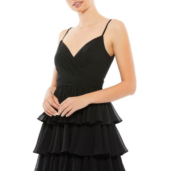 NWT Mac Duggal Black Sleeveless Multitiered Skirt Tea Length Dress Size 14 - Picture 3 of 5